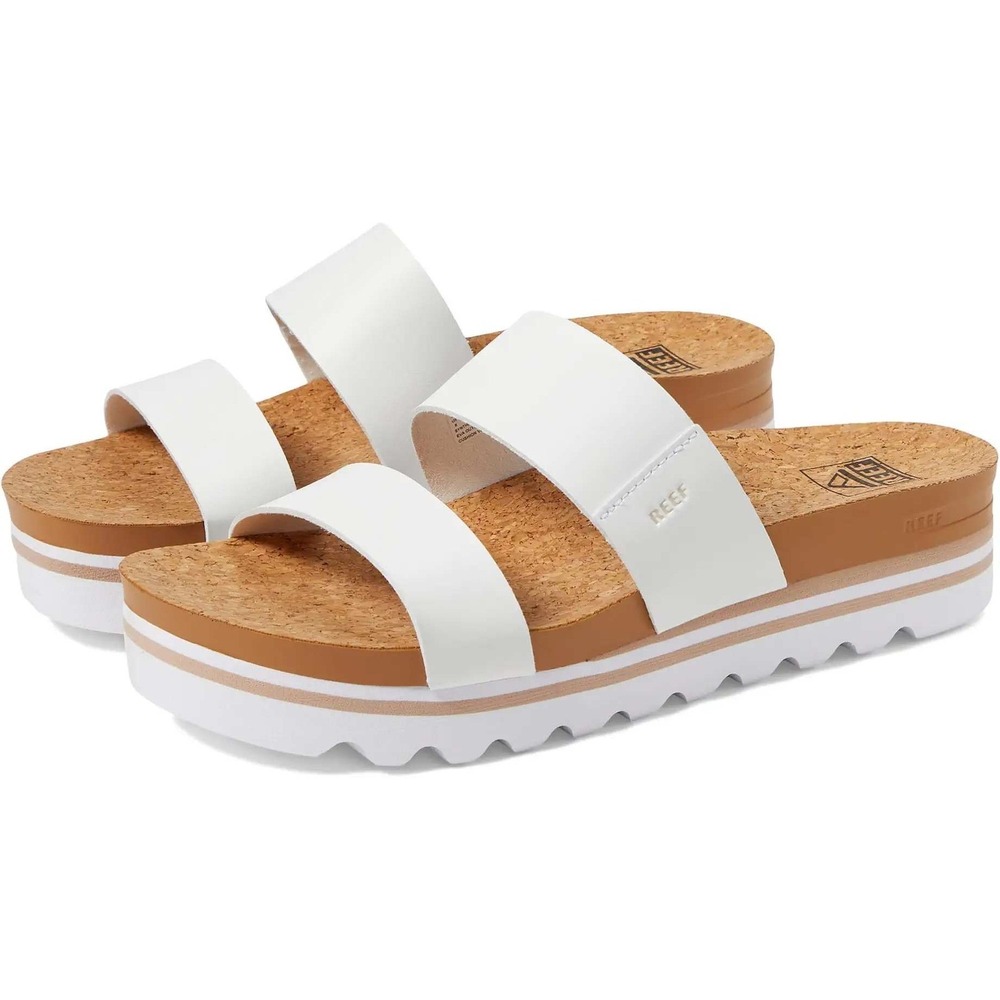 Reef Vista Hi Womens White Vegan Leather Platform Slide Sandals Cork Footbed